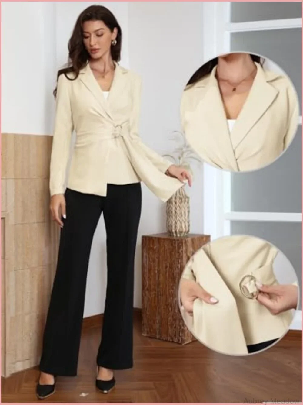 Business Casual Blazer with Notch Lapel & Buckle Waist Long Sleeve Office Jacket